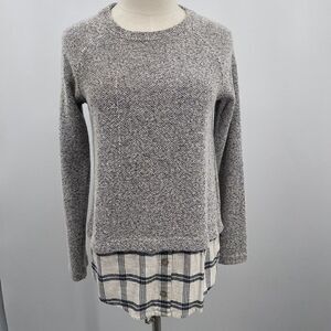 blu pepper womans layered sweater top sz small knit and plaid brown roll sleeve